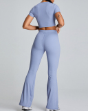 Slim O Neck Short Sleeve Crop Top Solid Color Wide Leg Sports Two Piece Set White Blue Pink Black S-XL