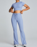 Slim O Neck Short Sleeve Crop Top Solid Color Wide Leg Sports Two Piece Set White Blue Pink Black S-XL