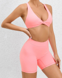 Criss Cross Back V Neck Sports Bra Quick Drying Hips LIft Outdoor Running Shorts Sets S-L