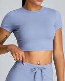Breathable O-Neck Short Sleeve Solid Color Crop Top Sports T-shirt (NO Pad) White Blue Pink Black S-XL