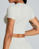 Slim O Neck Short Sleeve Crop Top Solid Color Wide Leg Sports Two Piece Set White Blue Pink Black S-XL