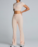 Slim O Neck Short Sleeve Crop Top Solid Color Wide Leg Sports Two Piece Set White Blue Pink Black S-XL