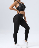 Hot Sale Patchwork Mesh Sports Bra Fitness Hips Lift 2 Piece Outfits Black Orange Pink Purple Green S-L