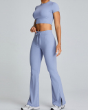 Slim O Neck Short Sleeve Crop Top Solid Color Wide Leg Sports Two Piece Set White Blue Pink Black S-XL