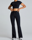 Slim O Neck Short Sleeve Crop Top Solid Color Wide Leg Sports Two Piece Set White Blue Pink Black S-XL