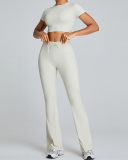 Slim O Neck Short Sleeve Crop Top Solid Color Wide Leg Sports Two Piece Set White Blue Pink Black S-XL