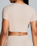Slim O Neck Short Sleeve Crop Top Solid Color Wide Leg Sports Two Piece Set White Blue Pink Black S-XL