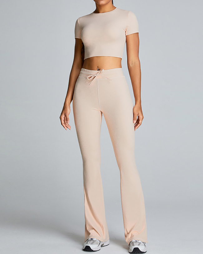 Slim O Neck Short Sleeve Crop Top Solid Color Wide Leg Sports Two Piece Set White Blue Pink Black S-XL