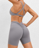 Criss Cross Back V Neck Sports Bra Quick Drying Hips LIft Outdoor Running Shorts Sets S-L