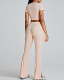 Slim O Neck Short Sleeve Crop Top Solid Color Wide Leg Sports Two Piece Set White Blue Pink Black S-XL