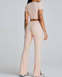 New Drawstring High Waist Wide Slit Leg Fitness Pants White Blue Black Pink S-XL