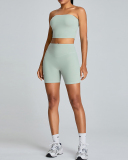 Summer Strapless Crop Top High Waist Shorts Sports Fitness Two-piece Sets Activewear Green Pink Yellow Black S-XL
