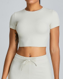 Slim O Neck Short Sleeve Crop Top Solid Color Wide Leg Sports Two Piece Set White Blue Pink Black S-XL