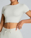 Slim O Neck Short Sleeve Crop Top Solid Color Wide Leg Sports Two Piece Set White Blue Pink Black S-XL