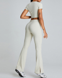 Slim O Neck Short Sleeve Crop Top Solid Color Wide Leg Sports Two Piece Set White Blue Pink Black S-XL