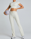 Slim O Neck Short Sleeve Crop Top Solid Color Wide Leg Sports Two Piece Set White Blue Pink Black S-XL