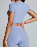 Slim O Neck Short Sleeve Crop Top Solid Color Wide Leg Sports Two Piece Set White Blue Pink Black S-XL