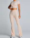 Slim O Neck Short Sleeve Crop Top Solid Color Wide Leg Sports Two Piece Set White Blue Pink Black S-XL