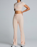 New Drawstring High Waist Wide Slit Leg Fitness Pants White Blue Black Pink S-XL
