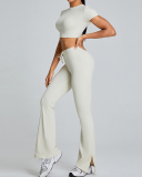 Slim O Neck Short Sleeve Crop Top Solid Color Wide Leg Sports Two Piece Set White Blue Pink Black S-XL