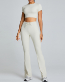 Slim O Neck Short Sleeve Crop Top Solid Color Wide Leg Sports Two Piece Set White Blue Pink Black S-XL