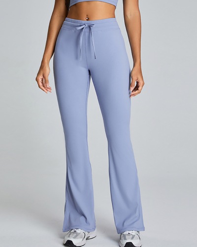 New Drawstring High Waist Wide Slit Leg Fitness Pants White Blue Black Pink S-XL