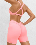 Criss Cross Back V Neck Sports Bra Quick Drying Hips LIft Outdoor Running Shorts Sets S-L