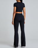 Slim O Neck Short Sleeve Crop Top Solid Color Wide Leg Sports Two Piece Set White Blue Pink Black S-XL