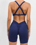 Criss Cross Back V Neck Sports Bra Quick Drying Hips LIft Outdoor Running Shorts Sets S-L