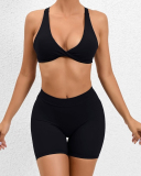 Criss Cross Back V Neck Sports Bra Quick Drying Hips LIft Outdoor Running Shorts Sets S-L