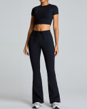 Slim O Neck Short Sleeve Crop Top Solid Color Wide Leg Sports Two Piece Set White Blue Pink Black S-XL