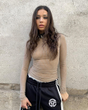 Sexy See Through Diamond Long Sleeve O Neck T-shirt Khaki S-L