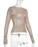 Sexy See Through Diamond Long Sleeve O Neck T-shirt Khaki S-L