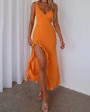 Women Elegant V Neck Ruffles High Slit Dress Orange Pink Yellow S-L