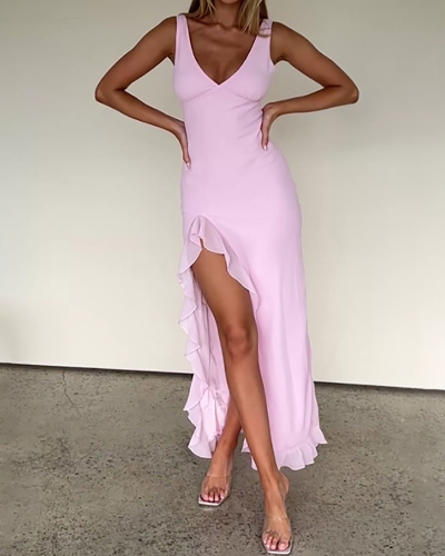 Women Elegant V Neck Ruffles High Slit Dress Orange Pink Yellow S-L
