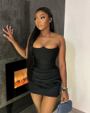 Women Strapless Patchwork Slim One-piece Dress Black S-L