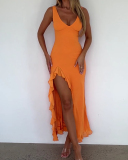 Women Elegant V Neck Ruffles High Slit Dress Orange Pink Yellow S-L