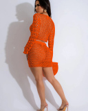 Long Sleeve Sequin See Through Knitted Two Piece Skirt Beach Set S-XXL