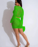 Long Sleeve Sequin See Through Knitted Two Piece Skirt Beach Set S-XXL