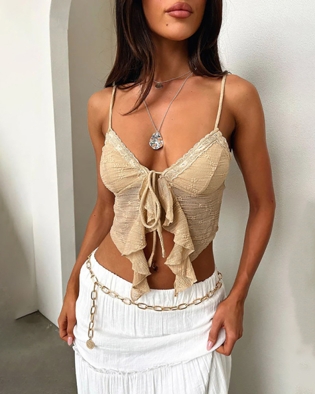 Flower Lace Sling Sexy Hot Girl Summer Vest Khaki S-L
