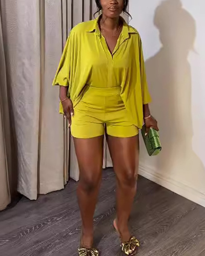 Solid Color Bat Sleeve Women Two Piece Summer Set S-3XL