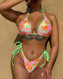 Florals Printed Tie Side String Halter Neck Two-piece Swimsuit Orange S-L