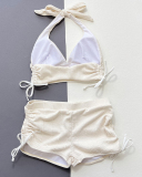 Halter V Neck Strappy Side High Waist Two-piece Swimsuit Bikinis Beige S-L