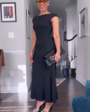 Black Short Sleeve Women Long Elegant Dress S-XXL