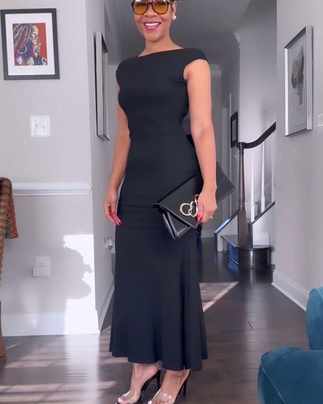 Black Short Sleeve Women Long Elegant Dress S-XXL