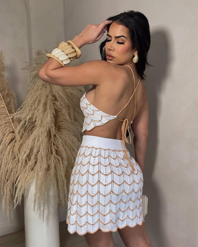 Knitted Women Summer Open Back Two Piece Skirt Set S-XXL
