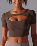 Running Training Hollow Out Patchwork Fixed Pad Short Sleeve Crop Top T-shirt S-XL