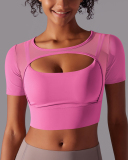 Running Training Hollow Out Patchwork Fixed Pad Short Sleeve Crop Top T-shirt S-XL