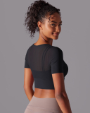 Running Training Hollow Out Patchwork Fixed Pad Short Sleeve Crop Top T-shirt S-XL