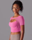 Running Training Hollow Out Patchwork Fixed Pad Short Sleeve Crop Top T-shirt S-XL